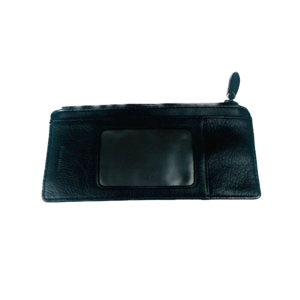 Vtg Black Genuine Leather Slim Card Holder Wallet Zipper Coin Pouch ID Window